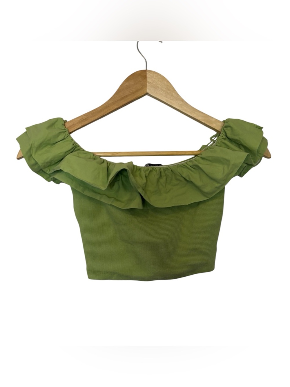 Zara Light Green Off-Shoulder Ruffle Crop Top‎